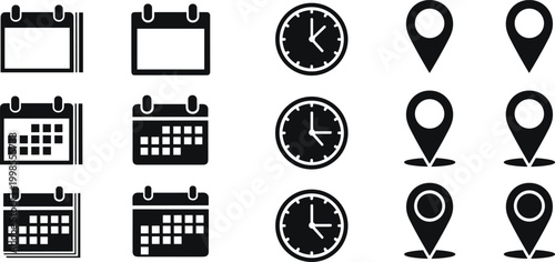 Business calendar icons and time clock symbols set for schedule management planning with location map pin markers.