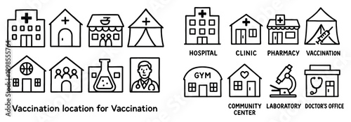 Healthcare icons with hospital doctor clinic outline