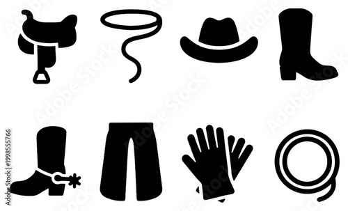 Western icons with saddle lasso hat silhouette
