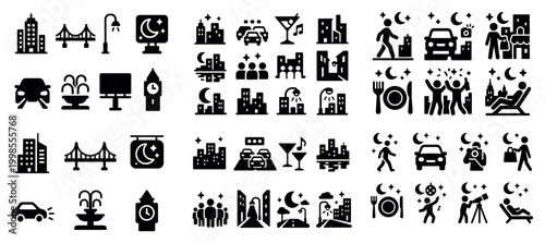Night city icons and activities collection