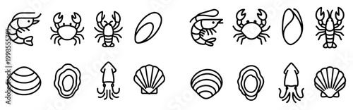 Marine icons with shrimp crab shell minimal