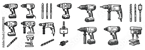 Construction icons with drill bit and press outline