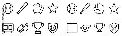 Sports icons with baseball bat glove star outline