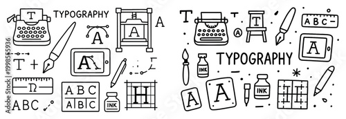 Typography icons with typewriter pen and ink outline