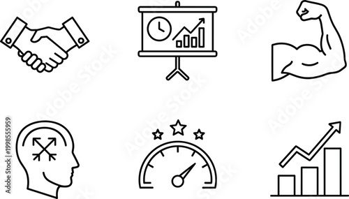 Business performance growth icons featuring handshake chart strong arm and brain for corporate training materials.