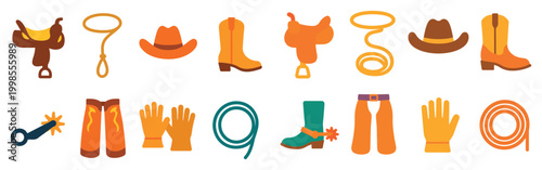 Western icons with cowboy hat boot lasso colorful
