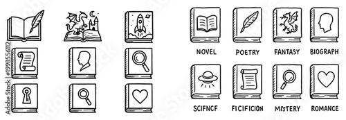 Book icons with quill magnifier sketch outline
