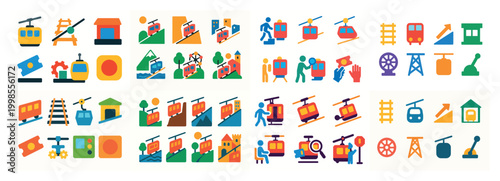 Colorful cable car icon set collection