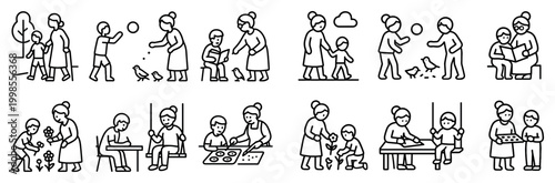 Family icons with parent child grandmother outline