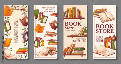 Set of book vertical banners. Vector templates with illustration of books, shelves and typography for library, reading promotion and bookstore advertising, vertical layouts.