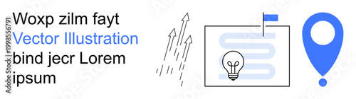 Innovation, navigation, goal setting, design communication, education, map visualization. Minimal icons of arrows, lightbulb flag on map and blue location marker. Innovation and navigation concepts