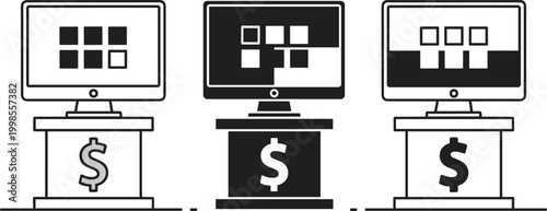 Computer, internet, and dollar sign vector. technology business finance concept on transparent background.