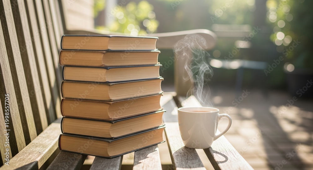 Fototapeta premium A tall stack of books sitting on a wooden bench outdoors. Next to the books is a white cup of hot coffee or tea with steam rising from it in the sunlight