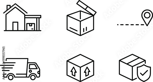 Delivery service icons logistics shipment house package tracking truck vector illustration transparent background.