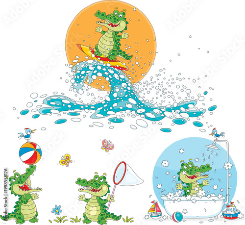 Funny green crocodile, a set of vector cartoon illustrations on a white background