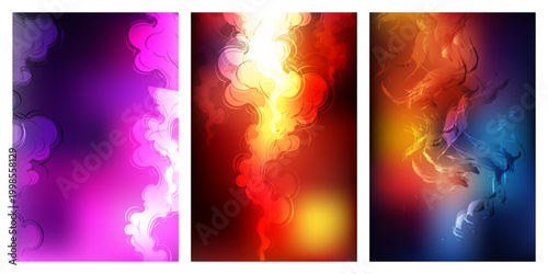 Set of colorful abstract banners with bright fiery light effects and glowing flame inspired background design