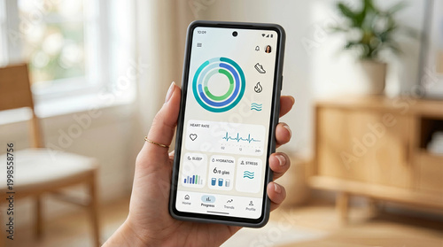 Hand holding smartphone with health app dashboard showing heart rate, sleep, hydration and stress