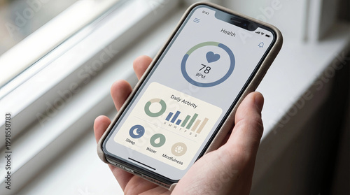 Hand holding smartphone with health app dashboard showing heart rate, daily activity and sleep
