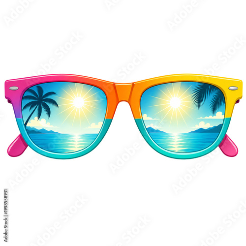 Vibrant multicolored sunglasses reflecting a tropical ocean view with palm trees and a bright sunny horizon during a peaceful vacation getaway to an exotic paradise destination for summer travel