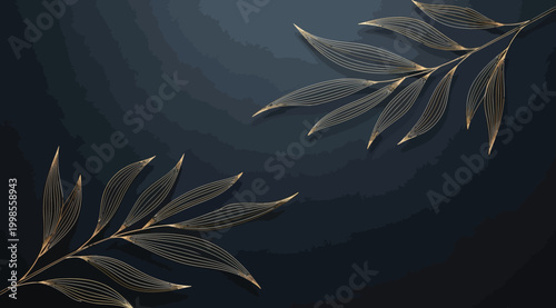 Elegant golden leaves on dark blue background
