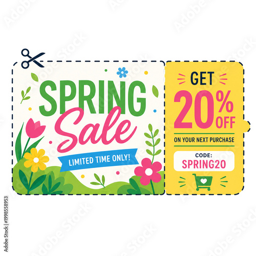 Seasonal promotion voucher featuring floral elements and discount text to encourage customers to purchase goods during the spring period with an active coupon code for significant financial