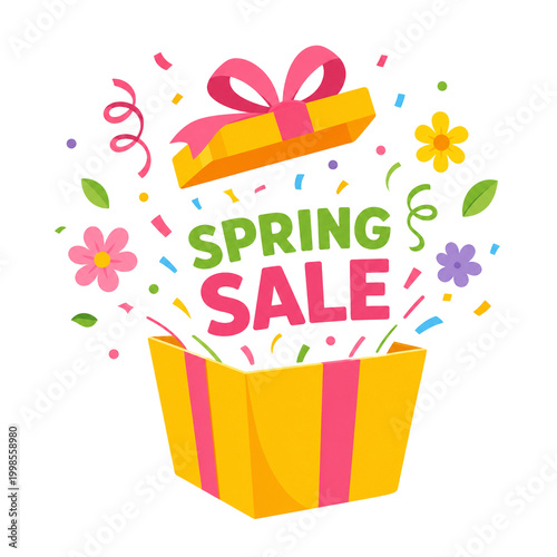 A colorful open gift box shows spring sale text with floating flowers and confetti pieces representing a festive seasonal shopping promotion event for customers looking for discounts during the