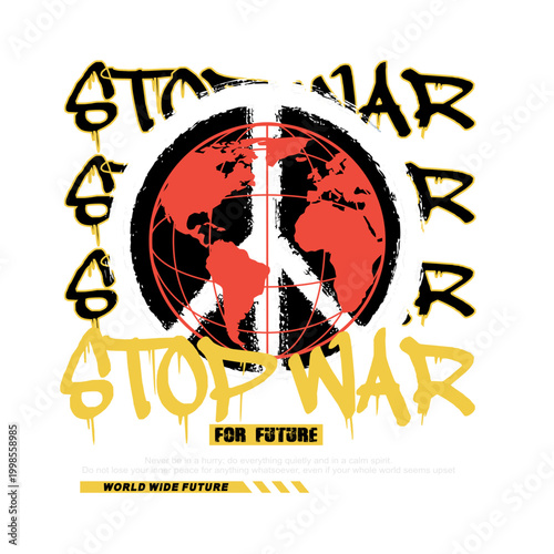 Tableau sur toile Peace symbol with world map and stop war message, social awareness vector illust