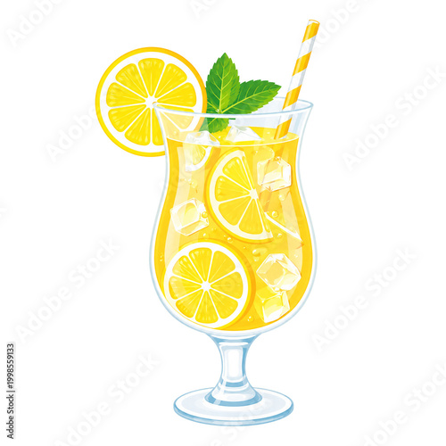 Refreshing citrus beverage served inside glass container featuring cold ice cubes garnished with organic lemon fruit slices plus green mint leaves and striped straw for summer party drink
