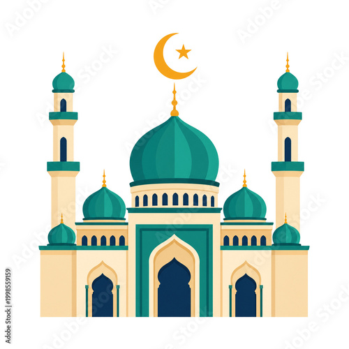 Grand Islamic Mosque Building Structure Featuring Tall Minarets And A Large Central Green Dome Decorated With A Golden Crescent Moon And Star Symbol Representing Spiritual Heritage And Faith