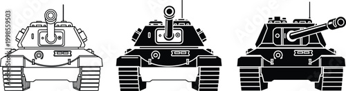 Frontal view of three stylized tanks with different cannon designs black outline and silhouette on transparent background.