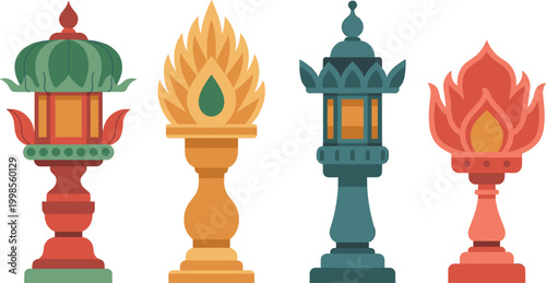 Decorative ceremonial lamps and torches with flames in colorful traditional ornamental designs