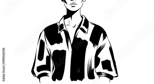 Fashion illustration of a person wearing a black and white graphic print shirt