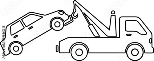 Black and white illustration of a tow truck lifting a car