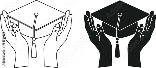 Graduation cap held by human hands line and silhouette vector illustration for educational achievement and success.