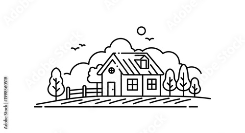 Minimalist Line Art House Scene: Rural Landscape with Trees and Fence