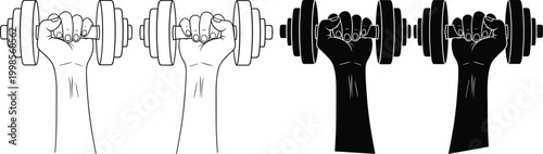 Hand holding dumbbell weights set outline and solid fill for fitness and strength training exercise concept.