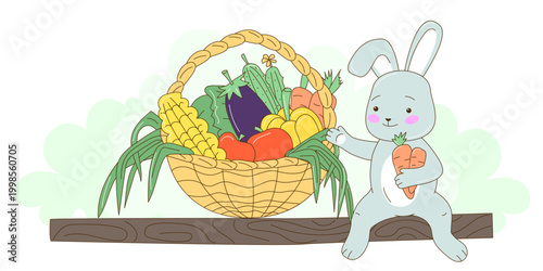 Cute bunny with basket of vegetables. Vector illustration for for spring design