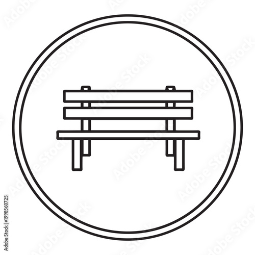 Minimalist park bench icon in circular frame, outline vector illustration