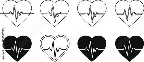 Heartbeat pulse monitoring heart icons collection showing various stroke and fill variations for health tracking.