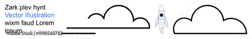 Space exploration, innovation, dream big, minimalism, future technology, creative designs. Rocket launching between stylized cloud shapes. Space exploration and innovation concepts