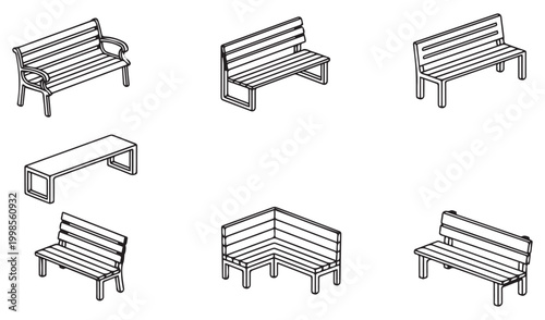 Set of isometric park bench icons, outdoor furniture 3d line art vector collection, urban street garden seating elements isolated on white background.