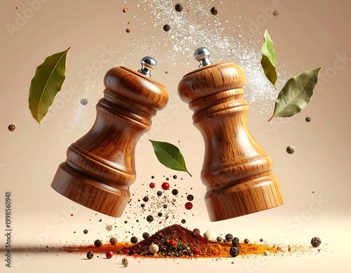 Two wooden pepper grinders in mid-air over a spice pile, with scattered peppercorns and bay leaves