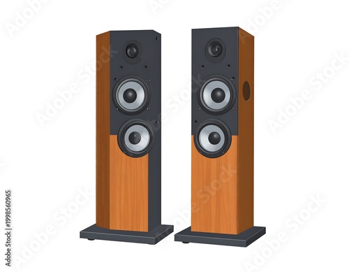 Two wooden speakers with dark grey front panels, standing side-by-side on a white backdrop, isolated and clean