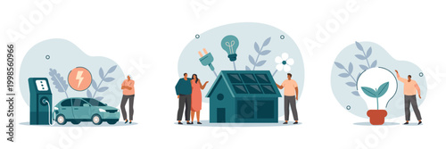 Sustainable energy and green technology concepts with eco friendly electric car light bulb flat design home improvement sustainability technology environment charging renewable illustration