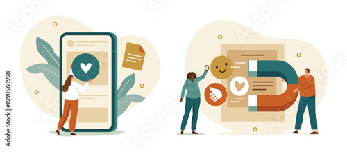 Customer engagement and social media marketing concept with customer retention engagement marketing attraction illustration communication business strategy advertising feedback