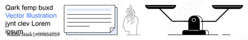 Legal guidance, justice systems, balanced decisions, human thought processes, ethical judgment, information management. A scale, document and human head with brain lines. Justice systems