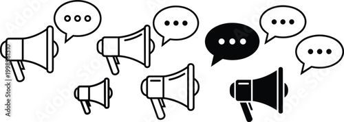 Megaphone icons announcement promotion speech bubble chat message symbol loud sound advertising broadcast speaker.