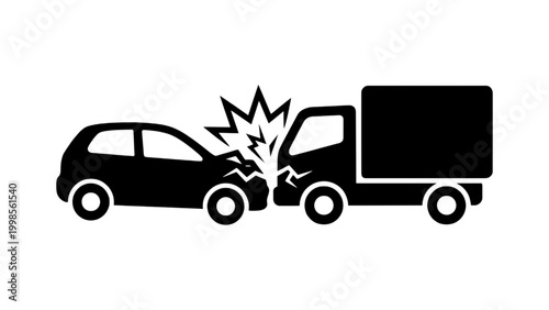 Graphic illustration depicting a severe road accident between a passenger car and a commercial truck, symbolizing automotive dangers and impact
