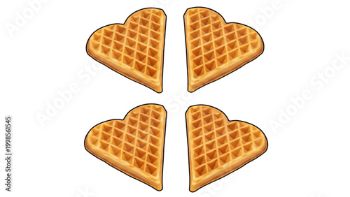 Four golden heart-shaped waffles arranged in a square pattern, a delightful sweet treat