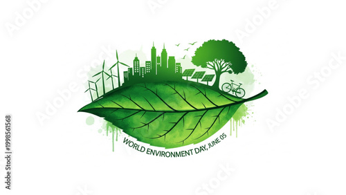 Symbolic green leaf representing a sustainable urban future with renewable energy and eco-friendly design